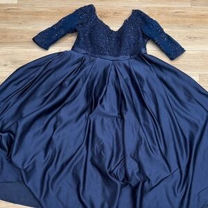 Navy Blue Lace Beaded Evening Gown